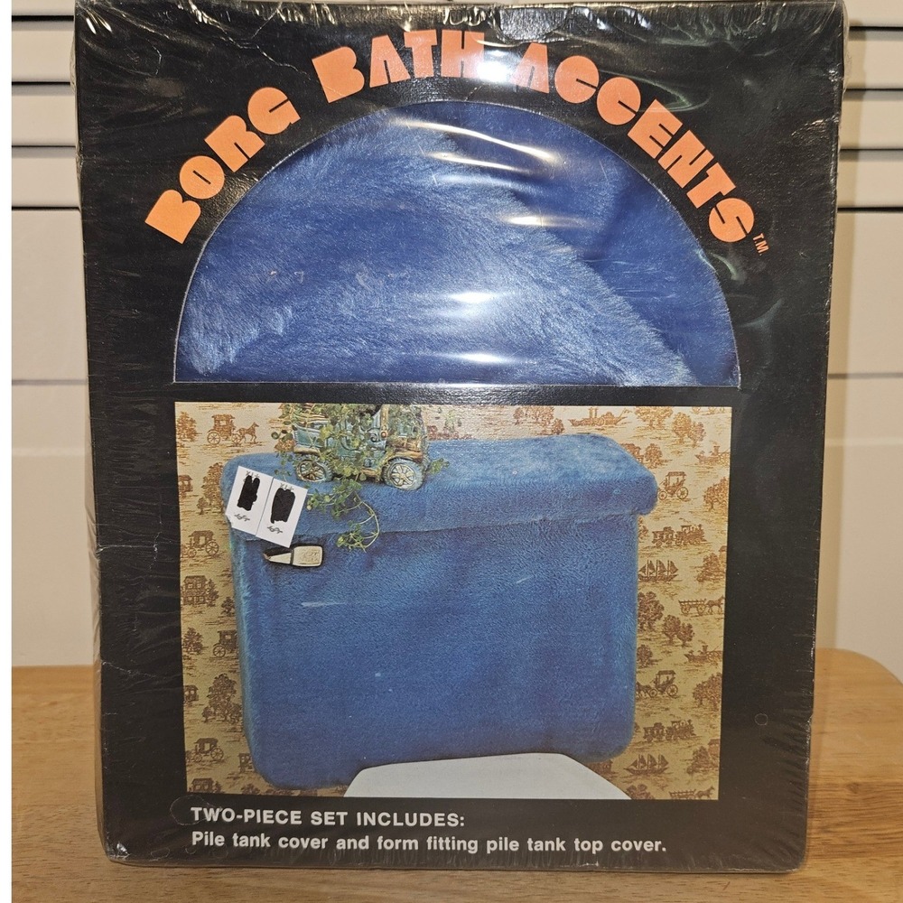 Vintage Borg Bath Accents Blue Plush Toilet Tank Cover 2 Piece Set NIB Retro